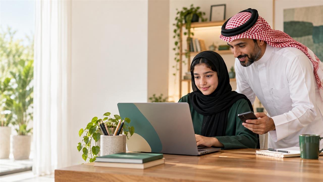أسرة سعودية تراجع بيانات الدخول التعليمية على جهاز محمول وحاسوب ضمن دليل ماذا تفعل بعد تصحيح بيانات حساب مدرستي؟