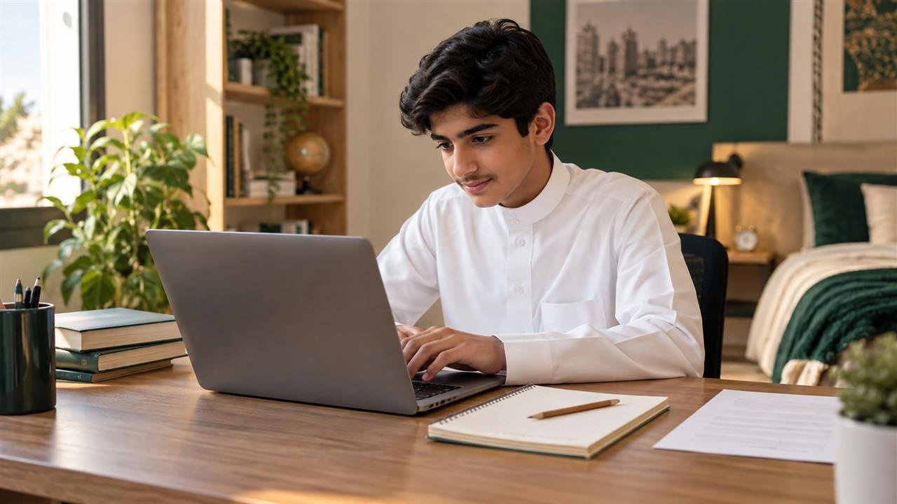 طالب سعودي يعمل على واجب دراسي باستخدام حاسوب ودفتر ضمن دليل إنشاء واجب لعبة تفاعلية في مدرستي