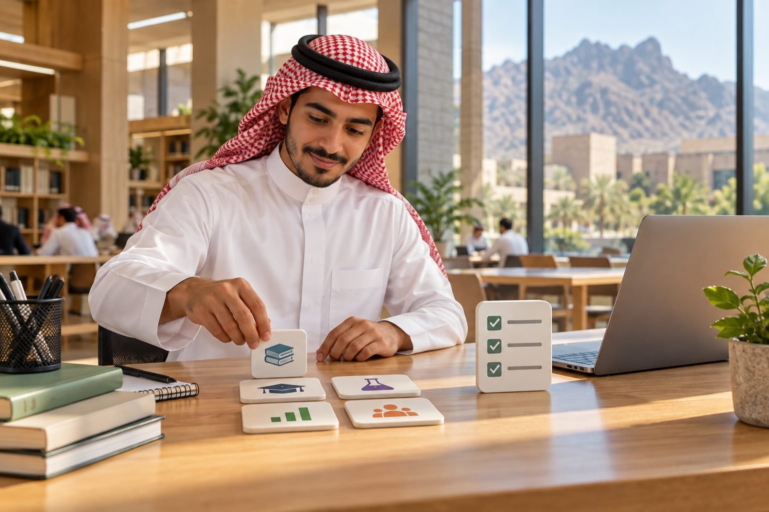 طالب سعودي ينظم تسجيل مقرراته وطلباته الأكاديمية في جامعة
