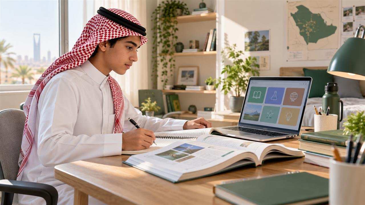 طالب سعودي يراجع مقرراته ومواده التعليمية الرقمية ضمن دليل الوصول إلى المقررات الدراسية في منصة مدرستي