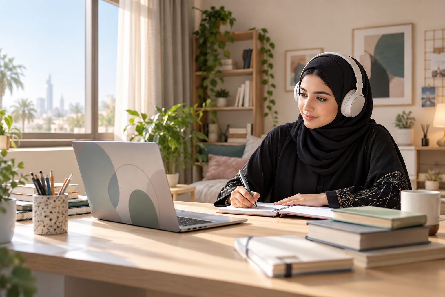 طالبة سعودية تدرس عبر حاسوب ضمن بيئة تعليم جامعي إلكترونية عامة