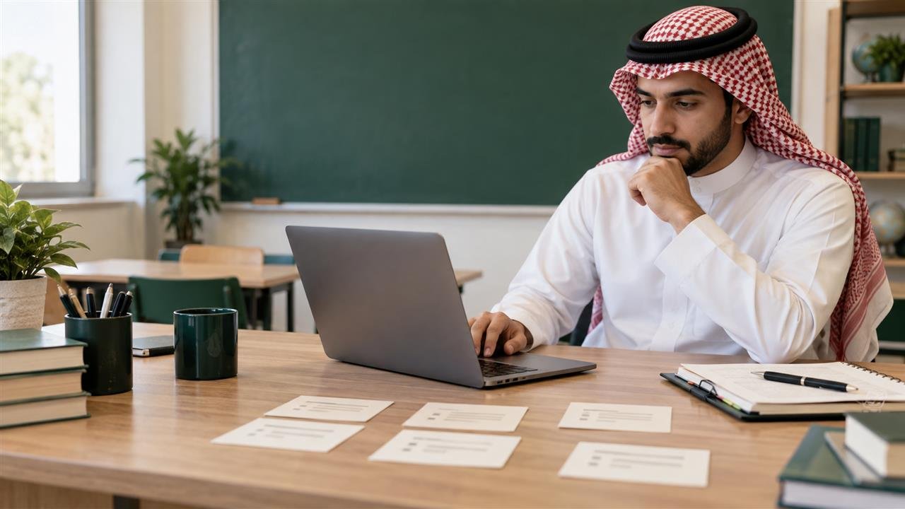 معلم سعودي يجهز تقييمًا وأسئلة تعليمية في بيئة مدرسية ضمن دليل عرض الاختبارات المسندة في منصة مدرستي