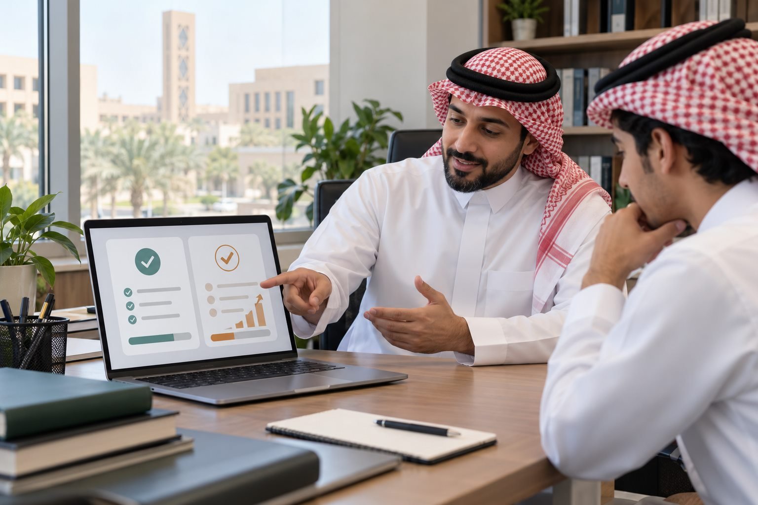 مستشار أكاديمي يشرح لطالب حالتين مختلفتين لتقويم الجودة