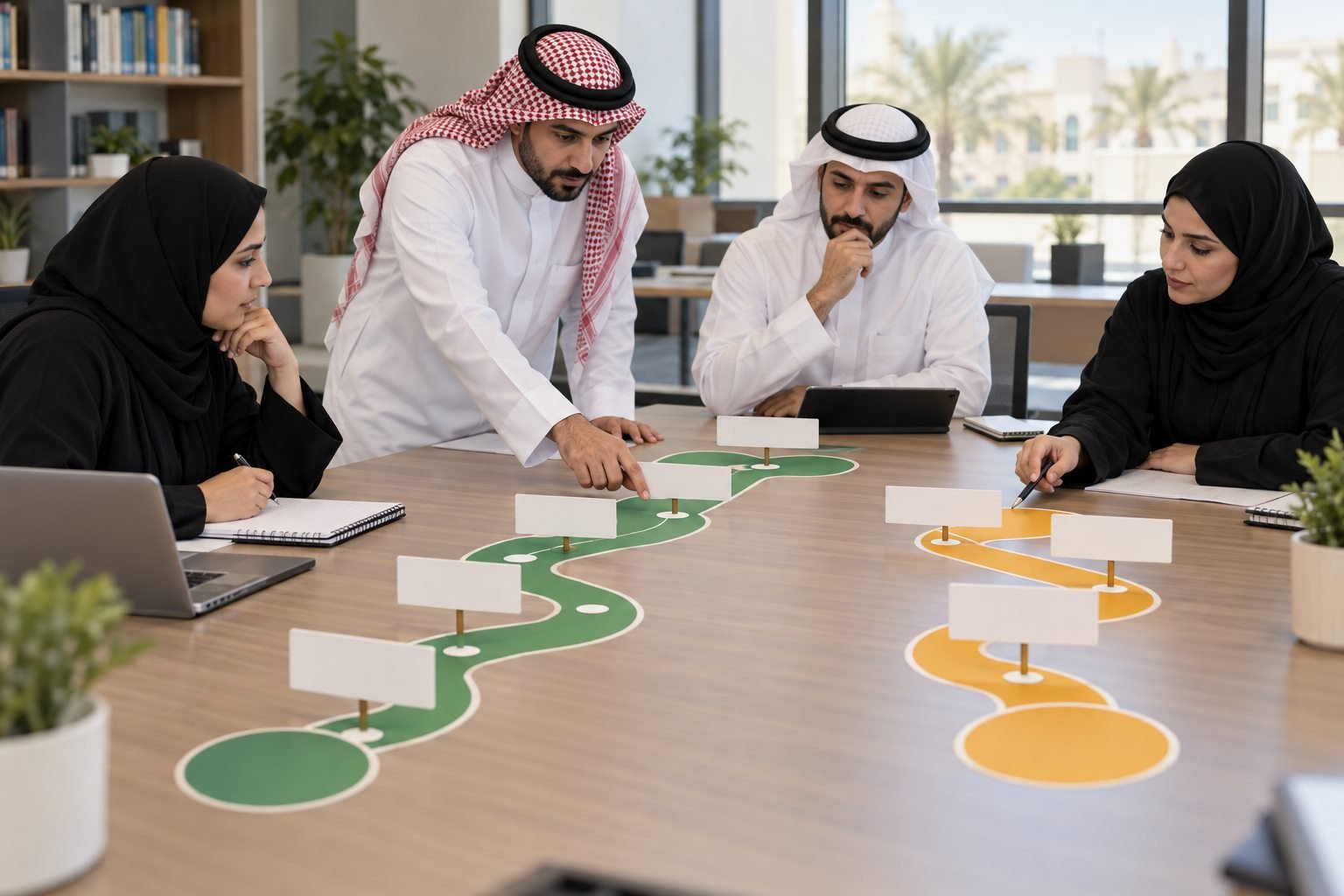 لوحة زمنية تعليمية تقارن مسارين لجودة مدرسة دون أختام أو شهادات رسمية