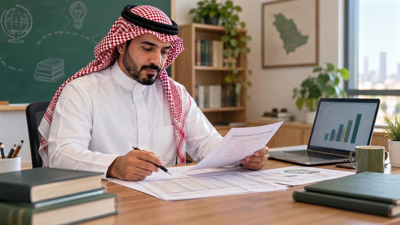 معلم سعودي يراجع الدرجات والتقارير التعليمية ضمن دليل سجل الدرجات النهائي في مدرستي للمعلم