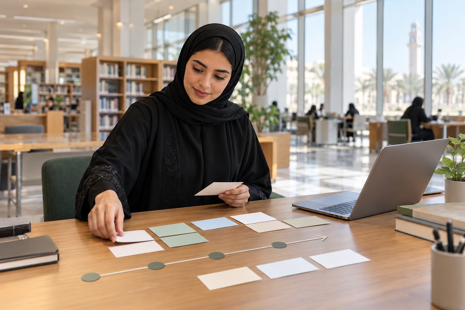 طالبة سعودية تراجع تسجيل المقررات والسجل الأكاديمي على حاسوب محمول