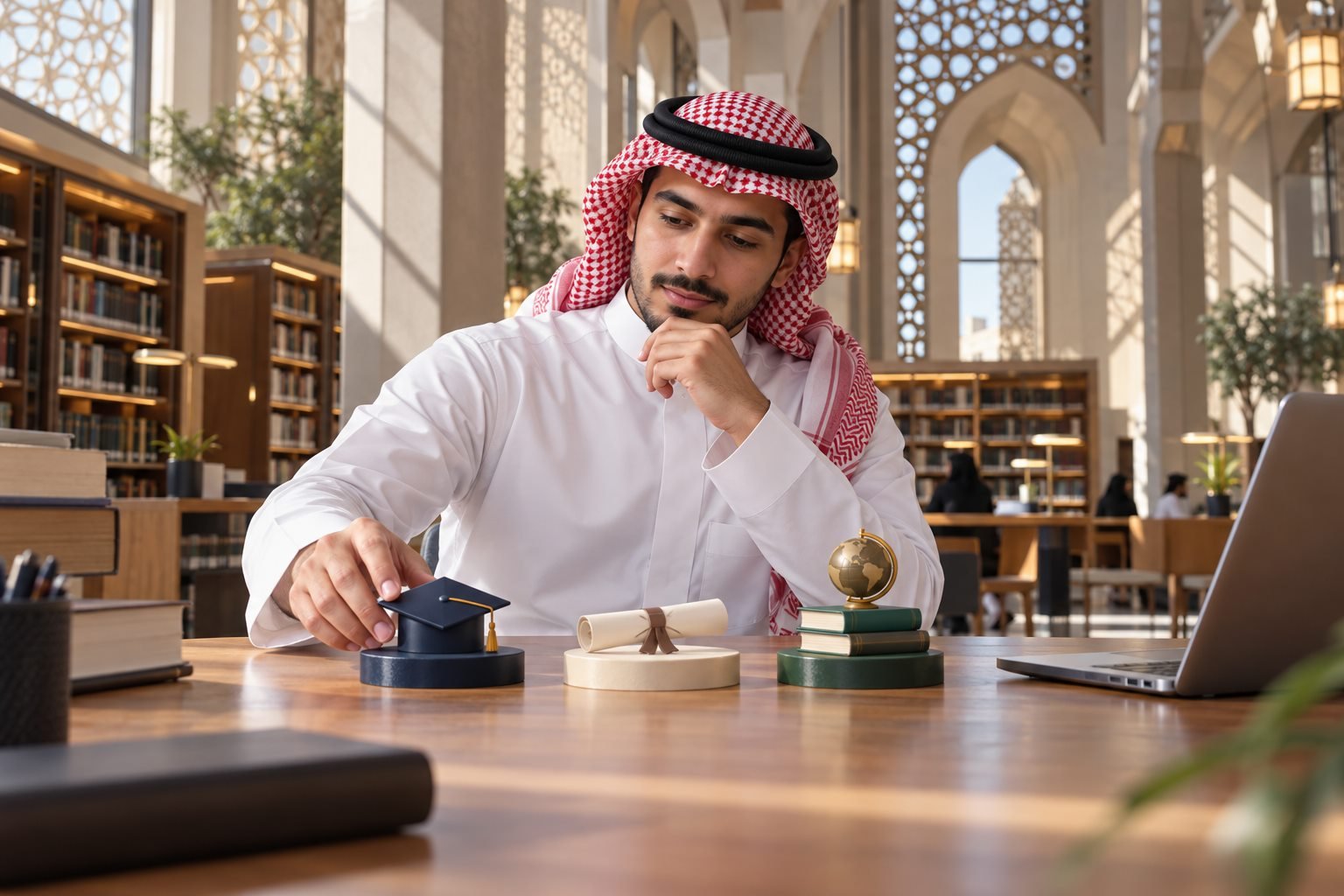 طالب سعودي يراجع دليل قبول جامعي وبرامج بكالوريوس ودبلوم