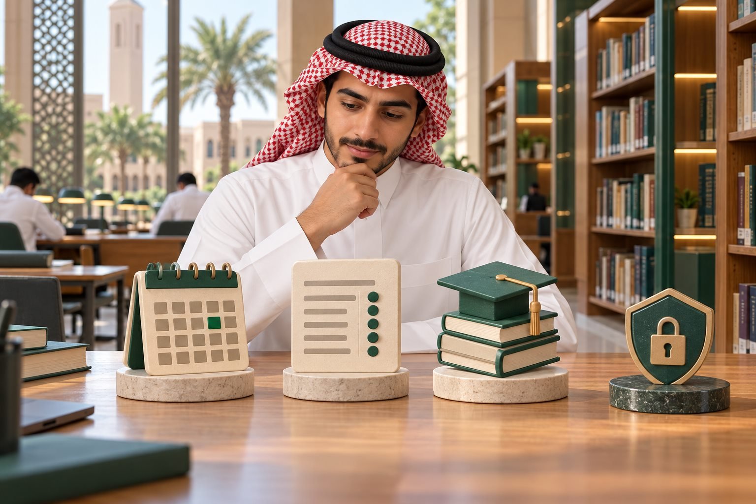 طالب سعودي يراجع الجدول والسجل الأكاديمي وخدمات التسجيل
