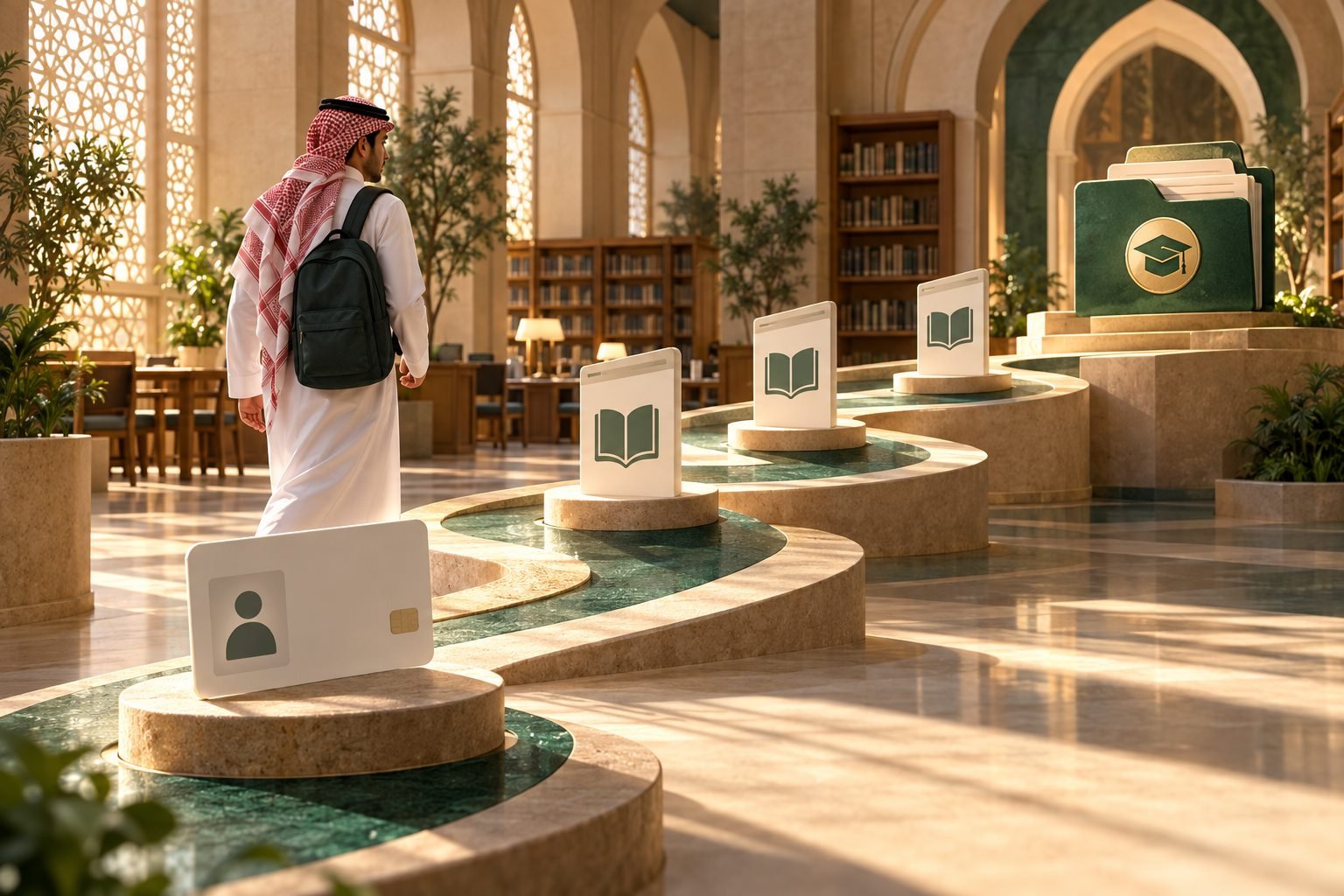 طالب جامعي يراجع المقررات المسجلة وخدمات النظام الأكاديمي