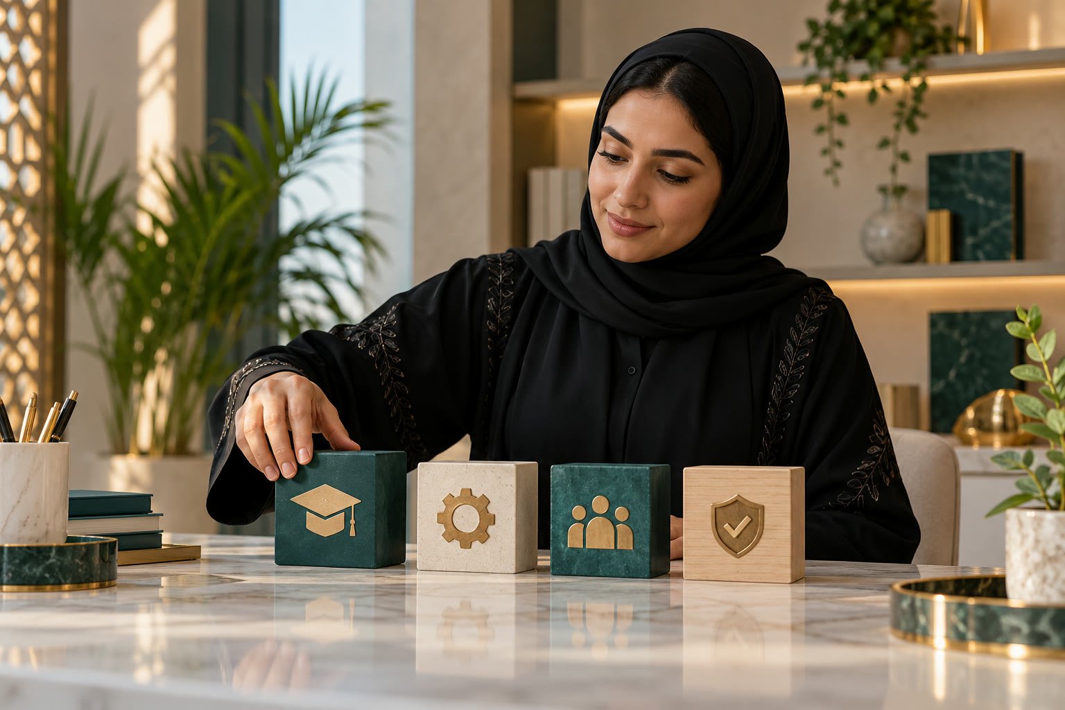 باحثة عمل سعودية ترتب عناصر ملفها المهني ومهاراتها بصورة تعليمية