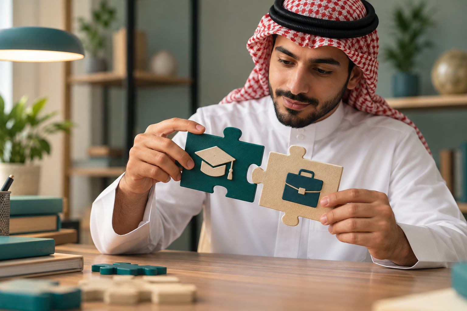 خريج سعودي يطابق مؤهله الأكاديمي مع متطلبات فرصة وظيفية بصورة رمزية