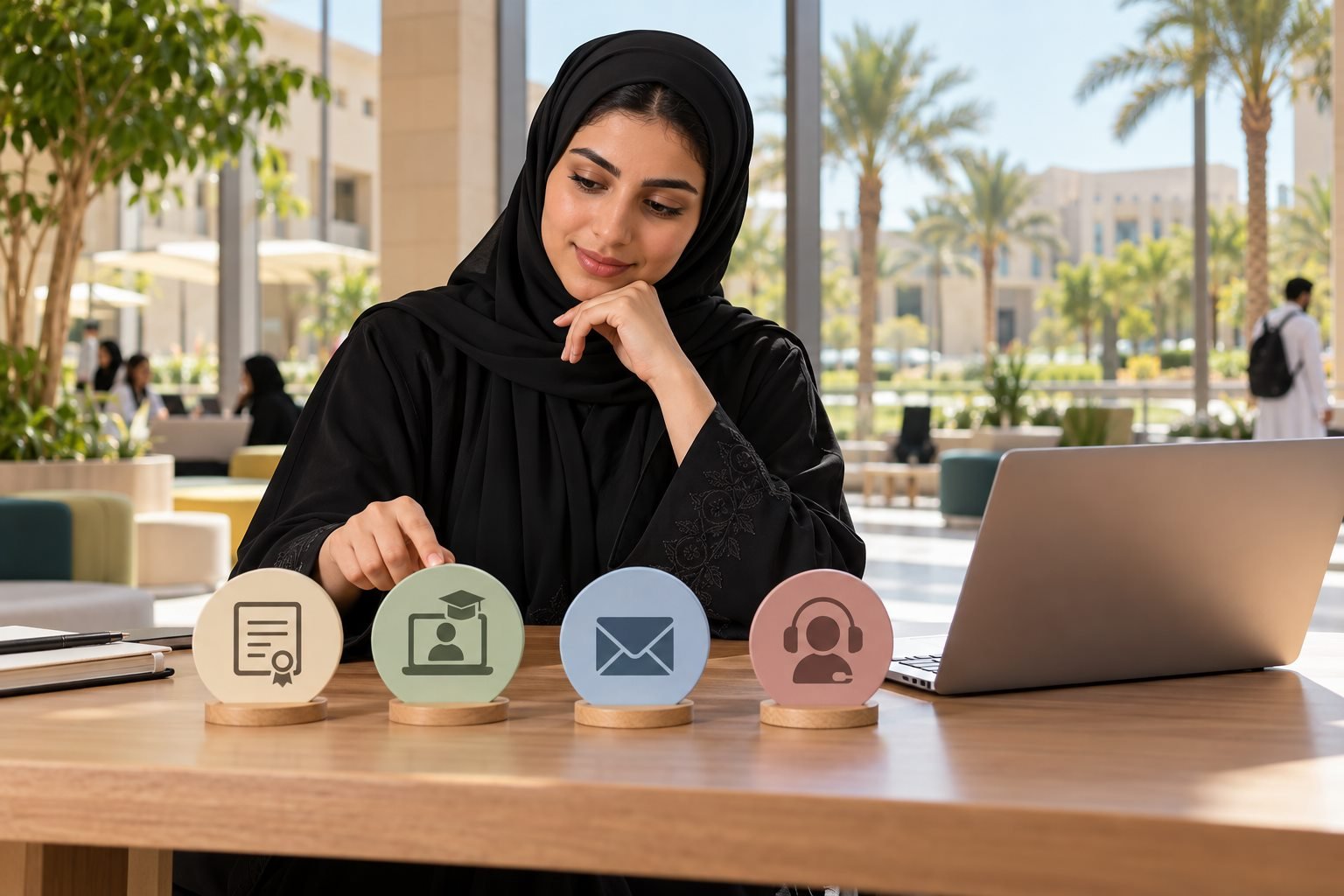 طالبة سعودية تختار بين خدمات جامعية رقمية متعددة في بيئة دراسية