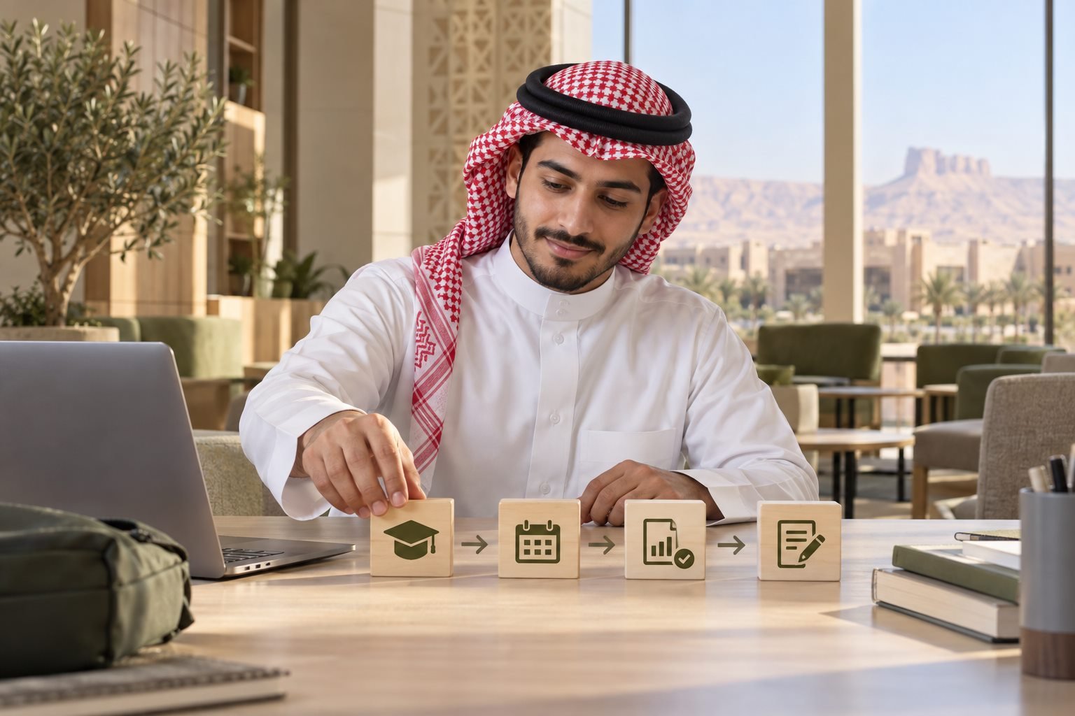 طالب سعودي يتابع التسجيل والجدول والنتائج في بوابة أكاديمية