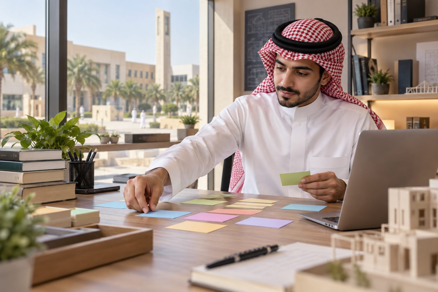 طالب سعودي ينظم جدوله وخدماته الجامعية الرقمية في بيئة أكاديمية تقنية