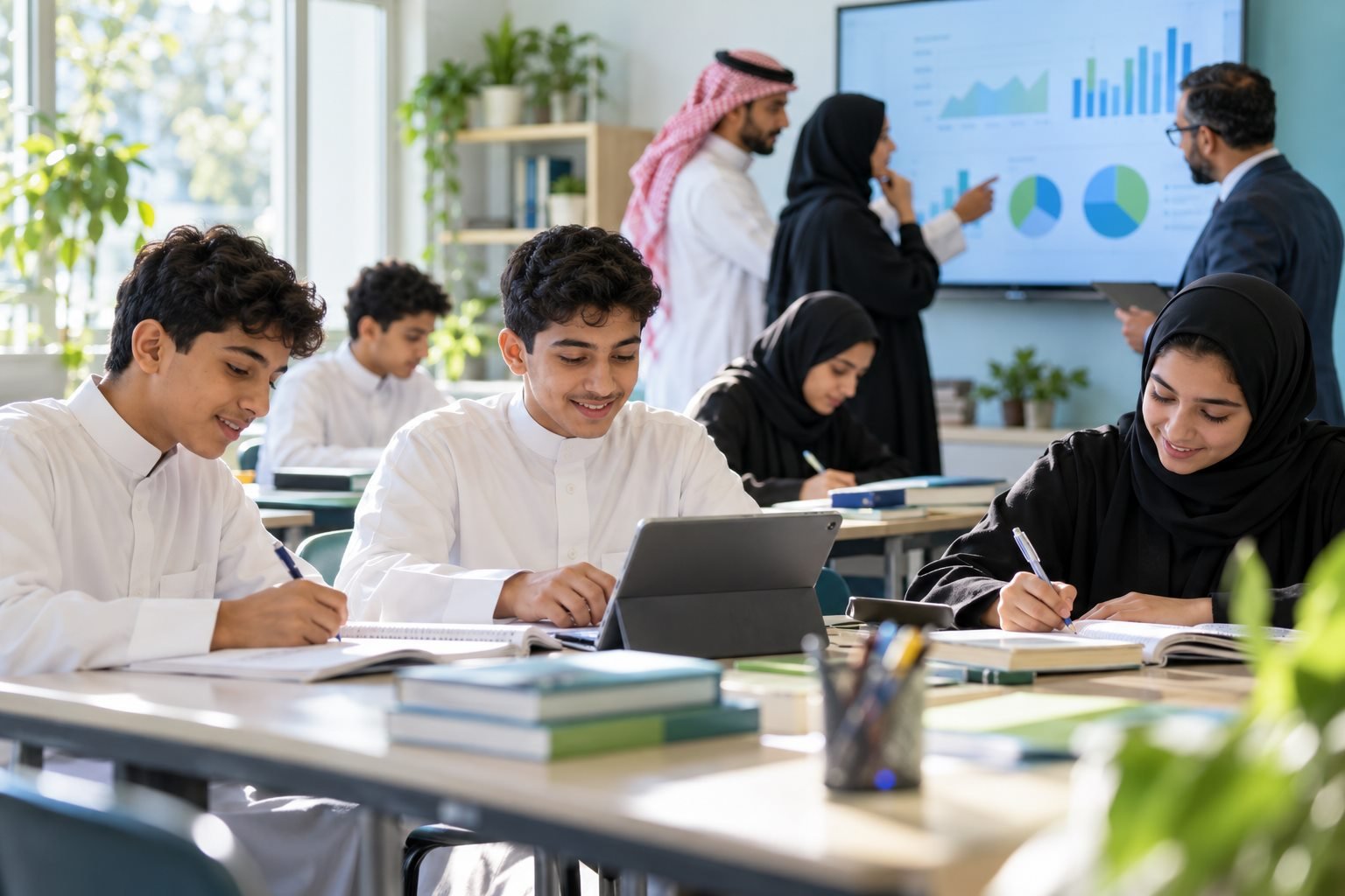 طلاب سعوديون يتعلمون وفريق مدرسة يحلل نواتج تعلم بصورة متوازنة