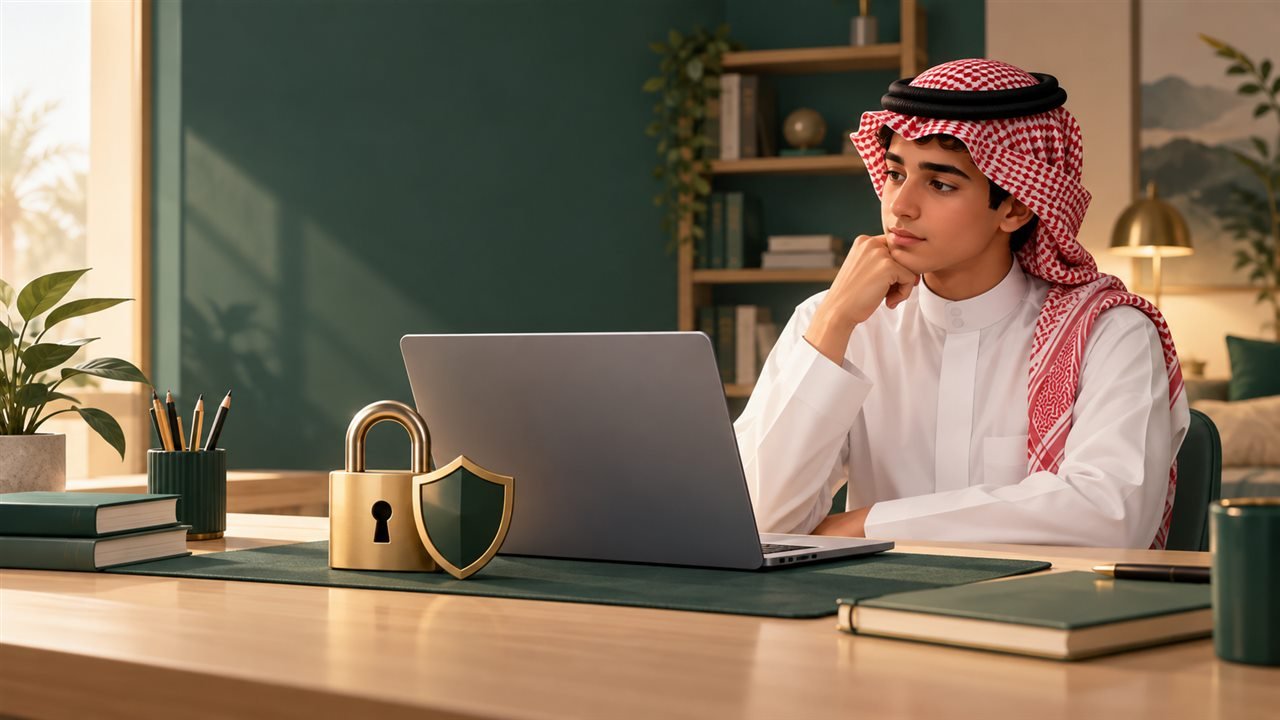 طالب سعودي أمام حاسوب وبجواره قفل ودرع يرمزان إلى حماية الحساب