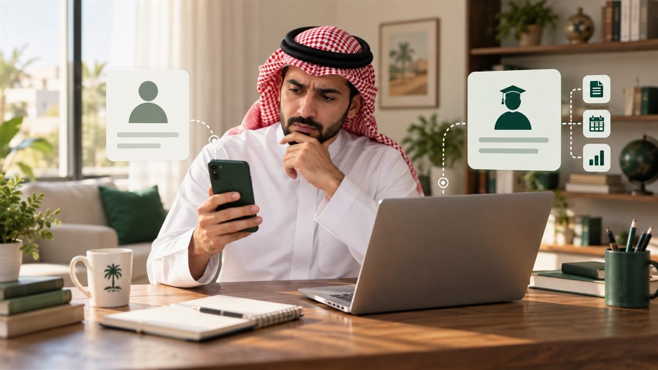 ولي أمر سعودي يقارن بيانات طالب على الهاتف مع سجل تعليمي على الحاسوب
