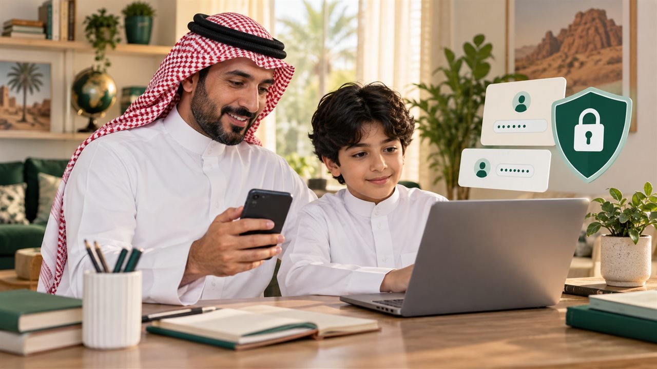 ولي أمر سعودي يراجع بيانات حساب تعليمي لابنه عبر هاتف ذكي