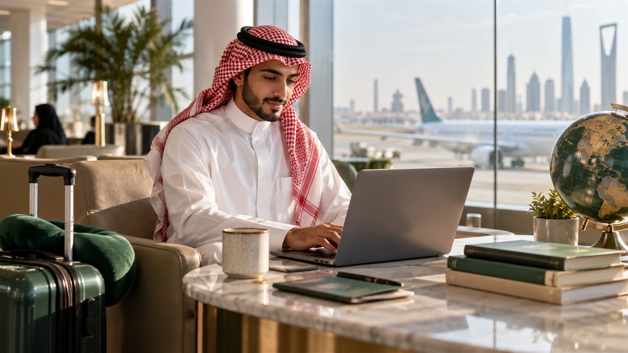 طالب سعودي مسافر يدخل إلى منصة تعليمية من حاسوبه