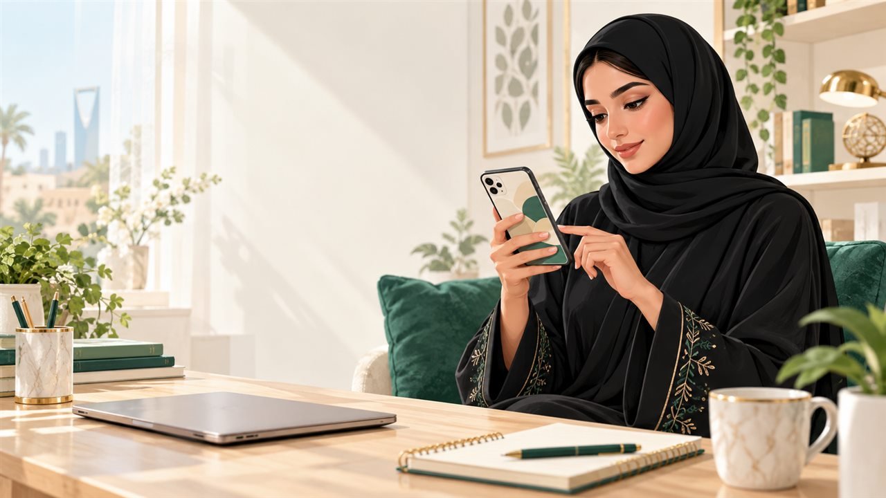 طالبة سعودية تستخدم هاتفًا ذكيًا للدخول إلى خدمات تعليمية