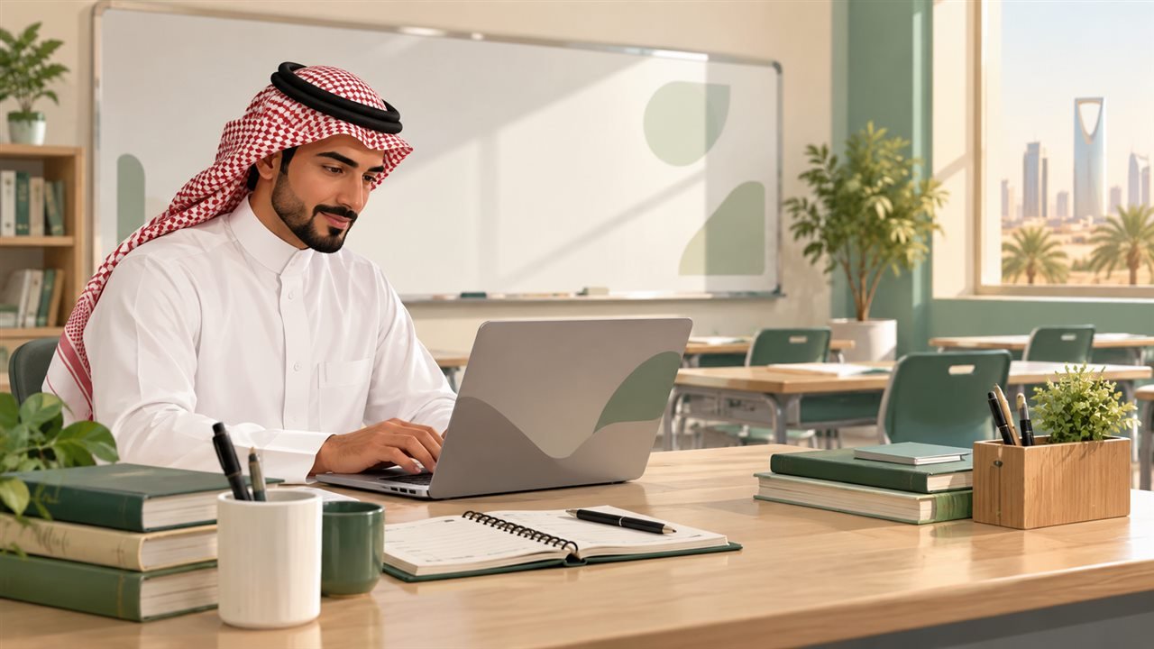 معلم سعودي يستخدم حاسوبًا محمولًا في فصل دراسي حديث