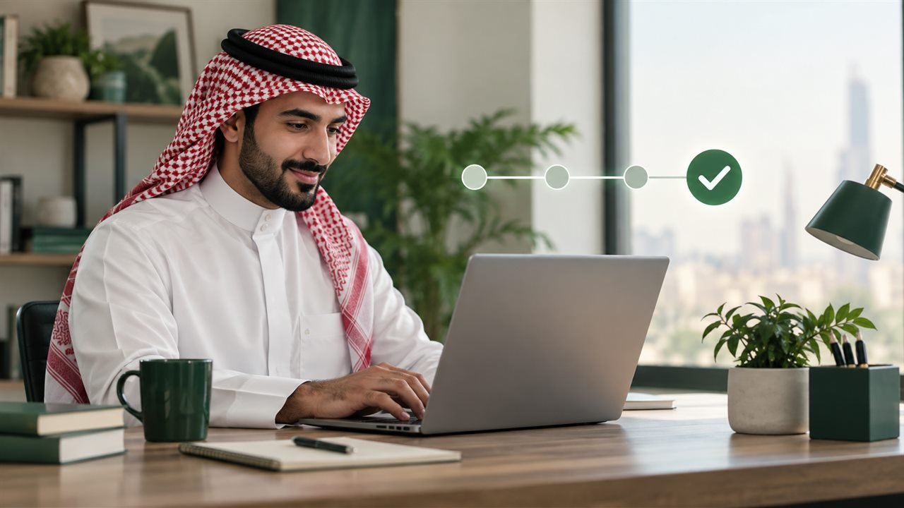 مستخدم سعودي يتابع تقدم طلب دعم تقني على الحاسوب