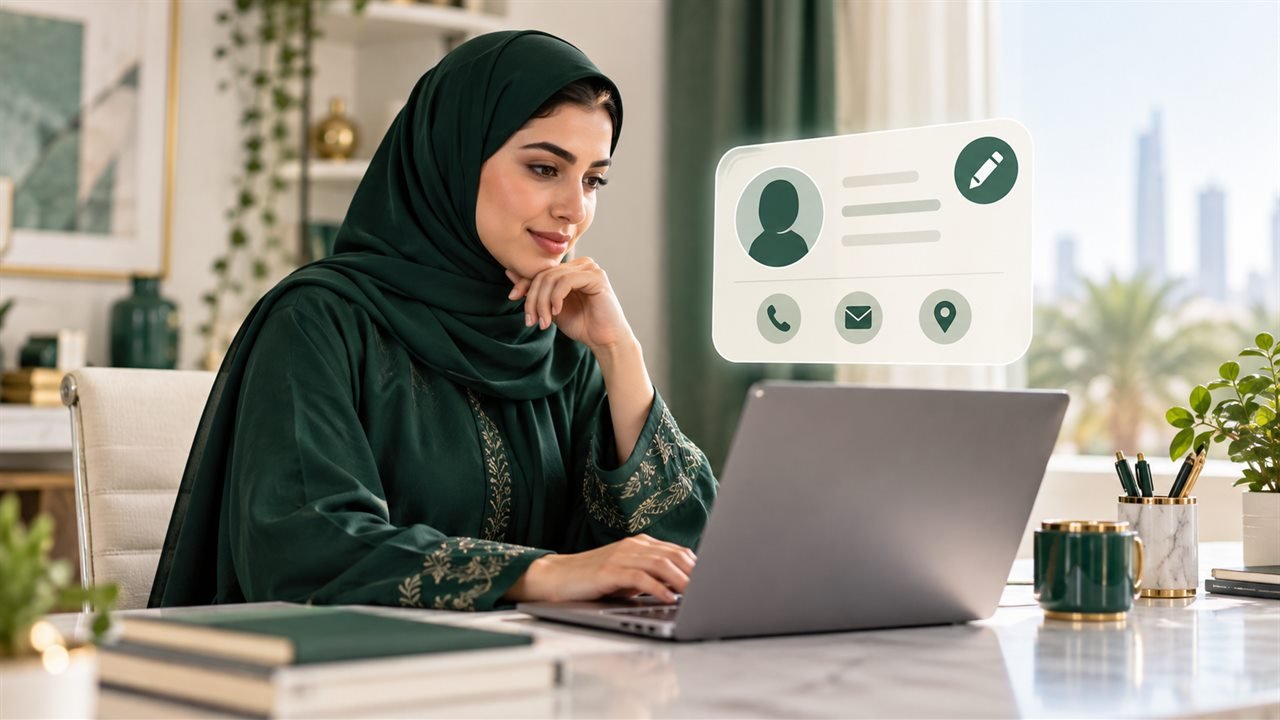 مستخدمة سعودية تراجع بطاقة بيانات شخصية رقمية على حاسوب