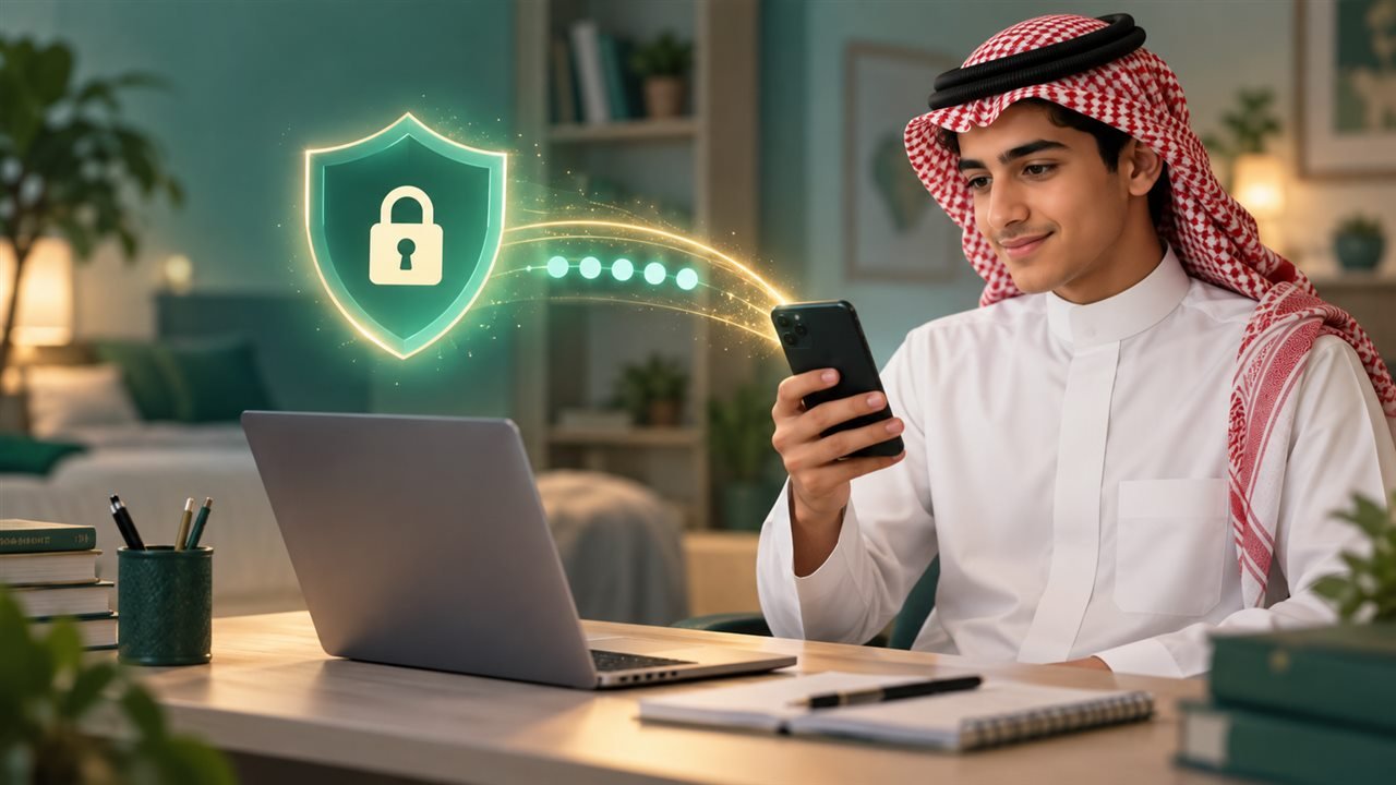 طالب سعودي يستخدم هاتفًا بجوار حاسوب مع رمز حماية مجرد