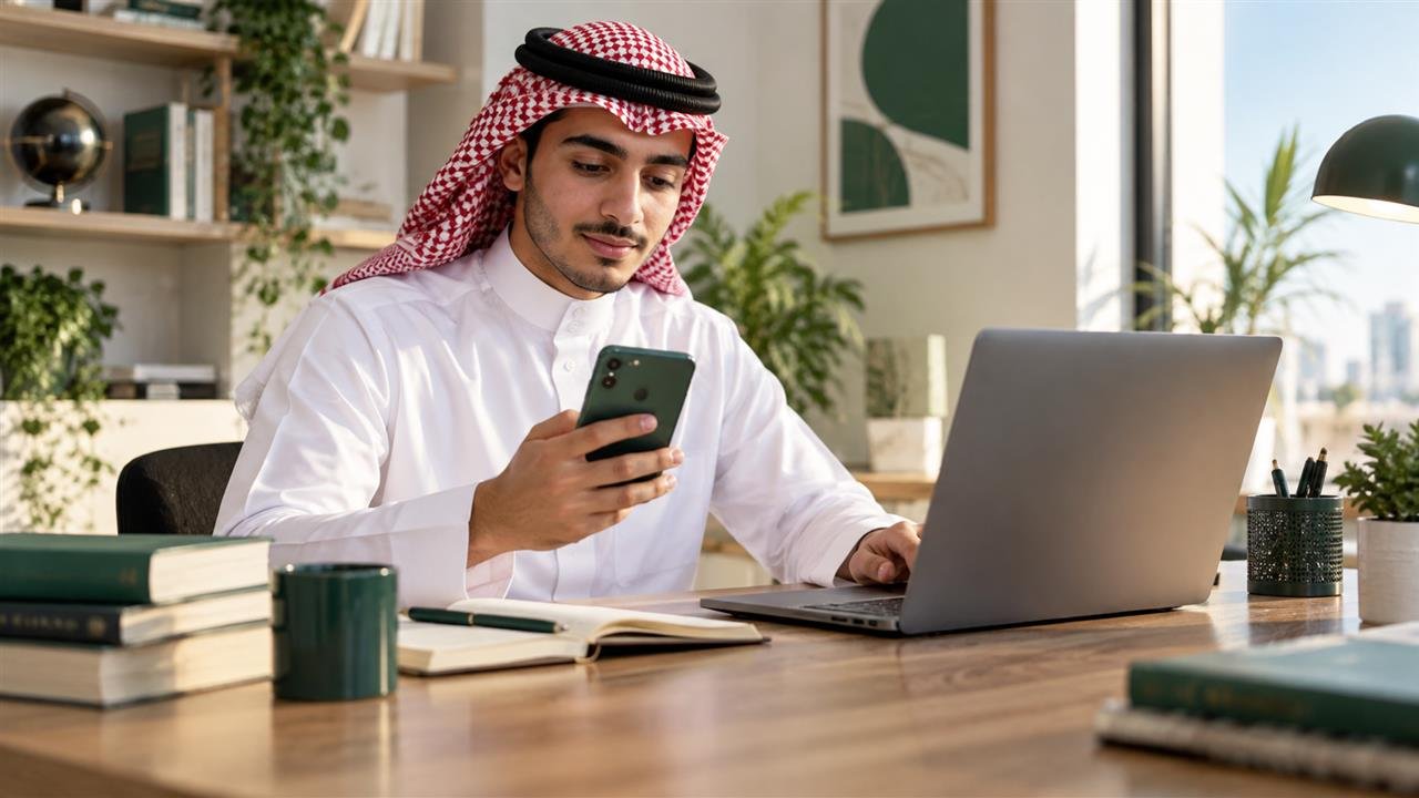 مستخدم سعودي يتابع خدمة تعليمية من الهاتف والحاسوب المحمول ضمن دليل استخدام تطبيق مدرستي للمقررات والمصادر