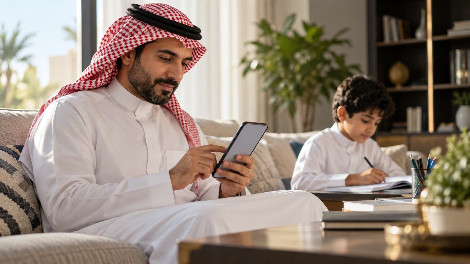 ولي أمر سعودي يعبئ استبانة تعليمية عامة عبر الهاتف بجوار طالب يدرس
