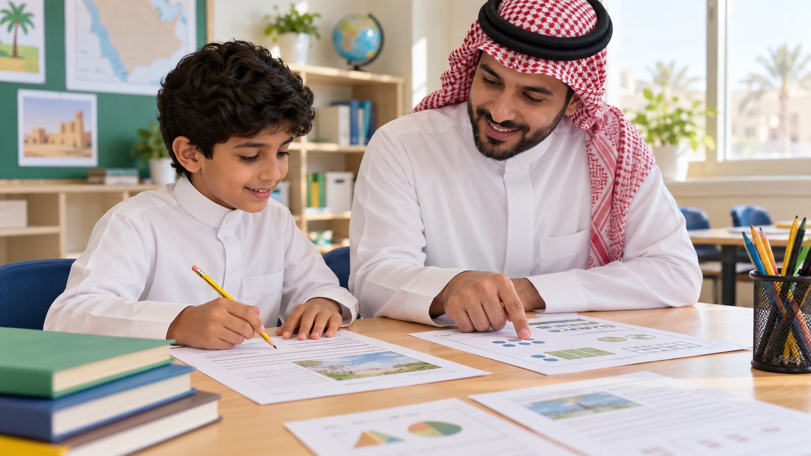 طالب ومعلم سعوديان يستخدمان أوراق تدريب تعليمية عامة للاستعداد لنافس دون أسئلة رسمية