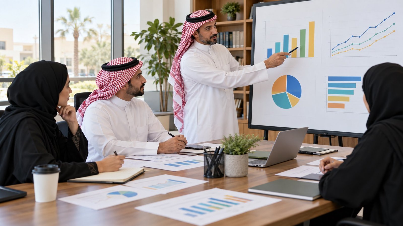 فريق قيادة مدرسة سعودية يحلل مؤشرات أداء تعليمية عامة لتحسين التعلم