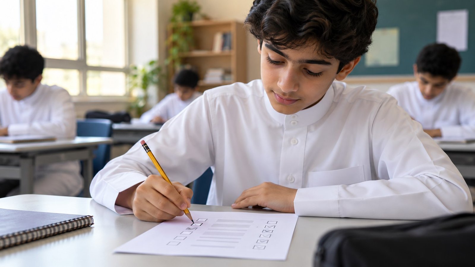 طالب سعودي يملأ استبانة تعليمية عامة بعد نشاط صفي دون نموذج رسمي