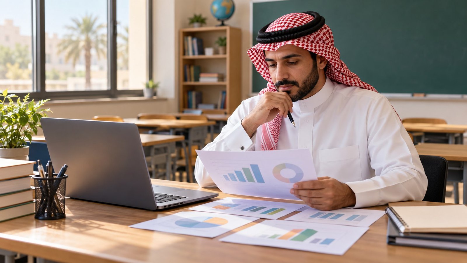معلم سعودي يراجع استبانة مهنية تعليمية عامة داخل فصل دون واجهة رسمية