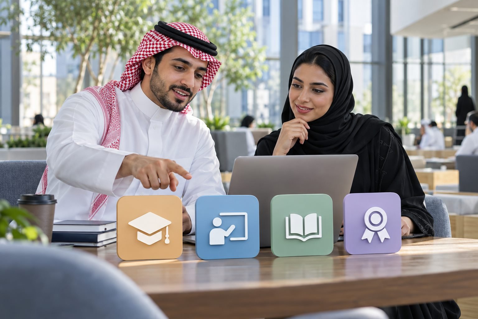 طالبان سعوديان يستعرضان خدمات جامعية رقمية في بيئة تعليمية شمالية