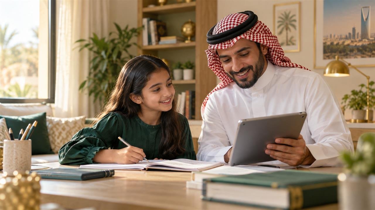 ولي أمر سعودي يتابع تقدم الطالب والمهام المدرسية ضمن دليل استخدام تقويم منصة مدرستي للمواعيد والأحداث