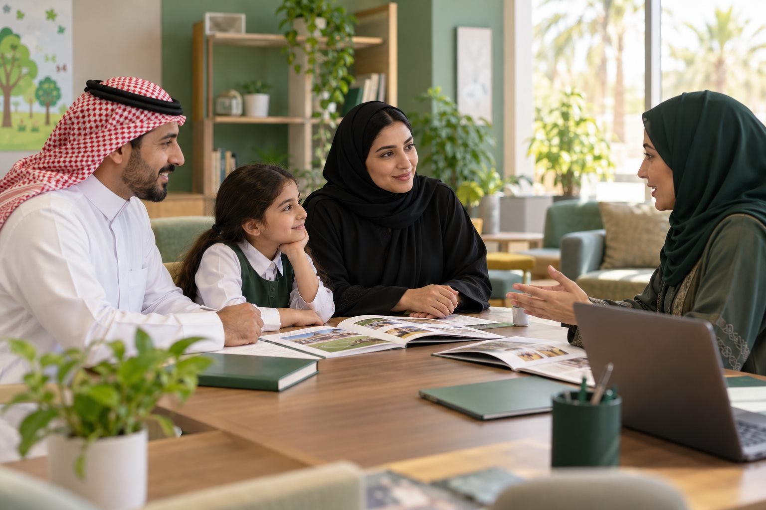 أسرة سعودية تناقش مؤشرات مدرسة مع مرشدة تعليمية بهدوء