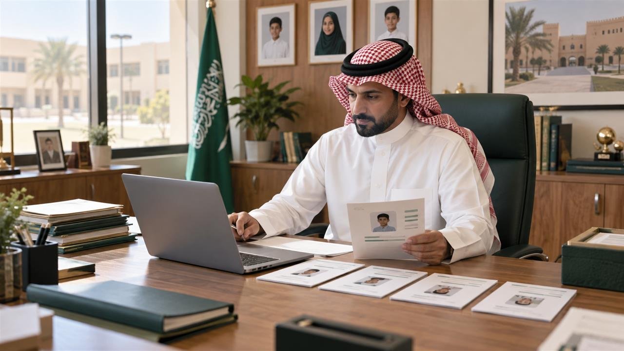 قائد مدرسة سعودي يراجع سجلات الطلاب في بيئة مدرسية ضمن دليل إضافة طالب في مدرستي من حساب مدير المدرسة
