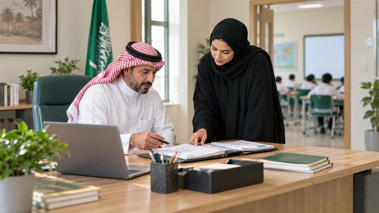 قائد مدرسة ومعلم سعوديان يراجعان مهام العمل والصلاحيات ضمن دليل إضافة معلم في مدرستي من حساب المدير