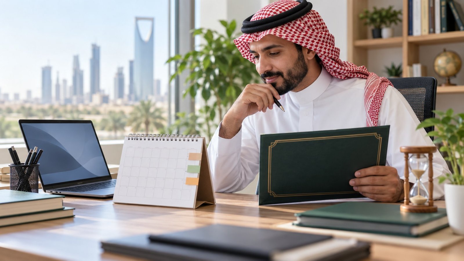 معلم سعودي يراجع تاريخ صلاحية رخصة مهنية عامة دون شعار أو واجهة رسمية
