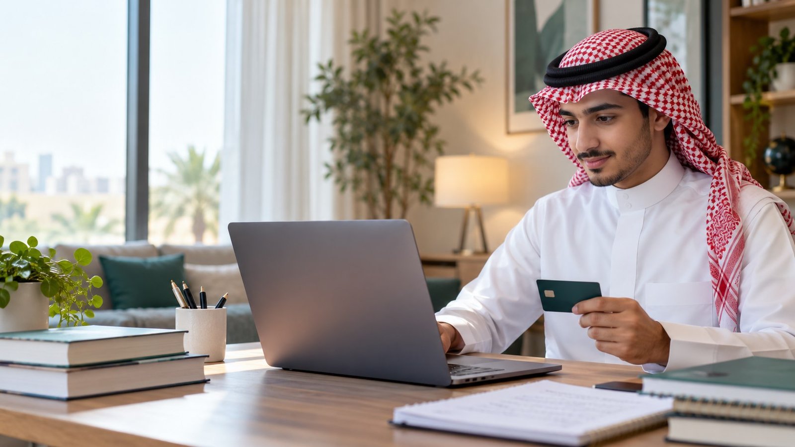 طالب سعودي يستعد لسداد رسوم اختبار إلكتروني ببطاقة بنكية دون إظهار واجهة رسمية