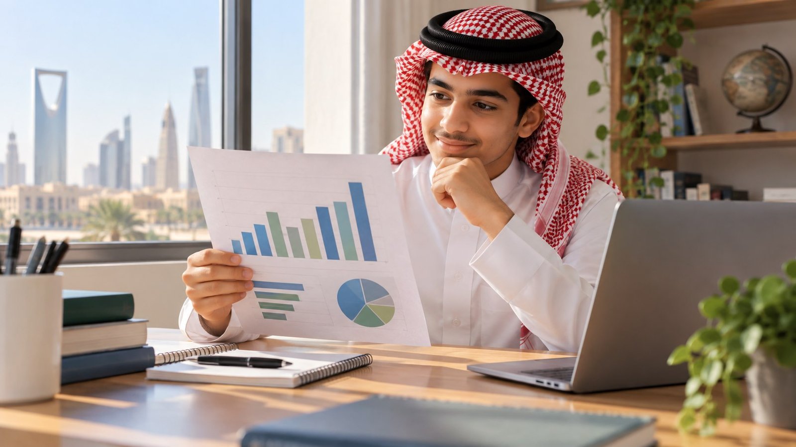 طالب سعودي يراجع مخطط أداء تعليمي عامًا بجوار حاسوب دون تقليد تقرير قياس الرسمي