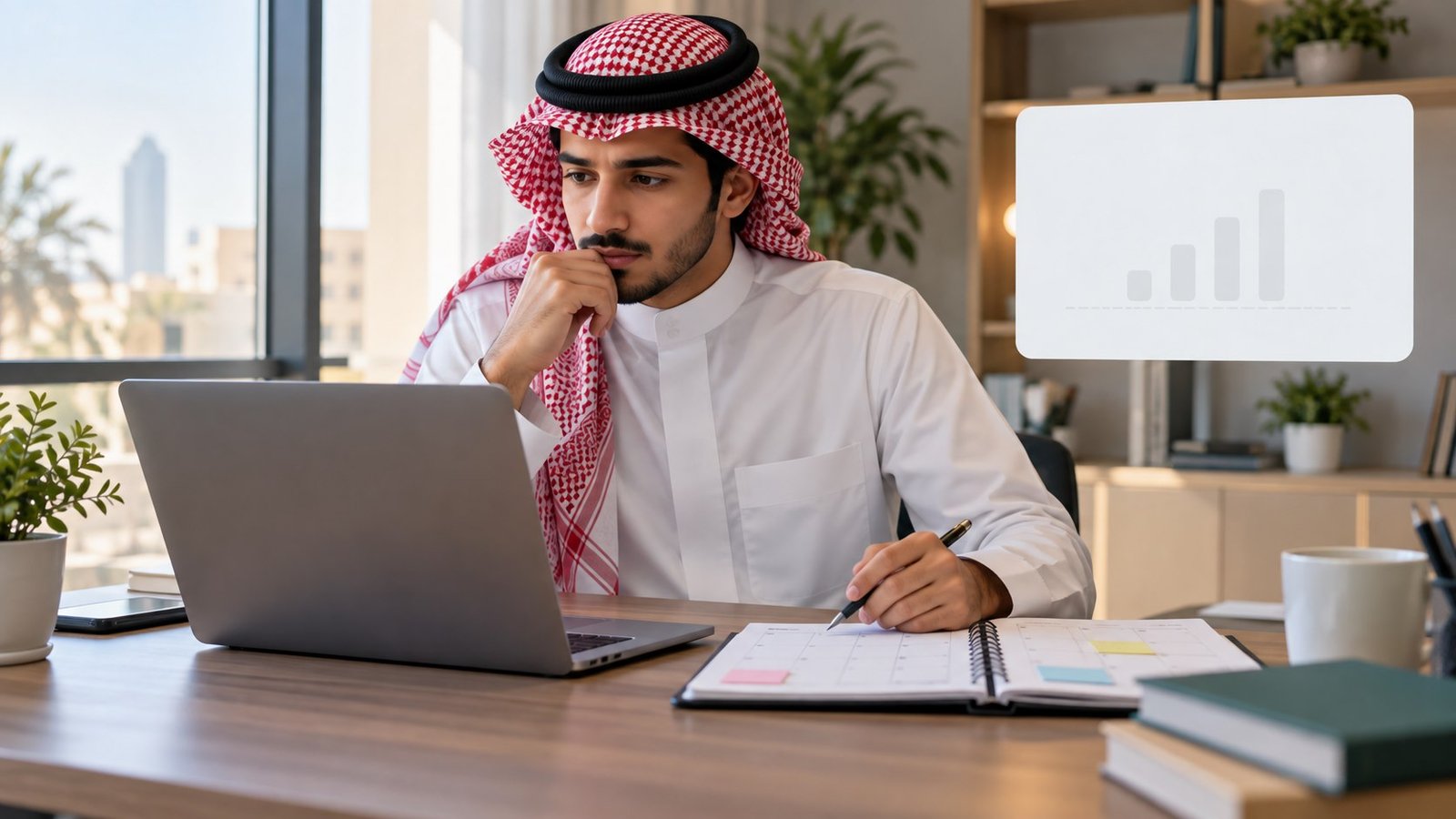 طالب سعودي يتحقق من نتيجة اختبار غير ظاهرة باستخدام حاسوب ومفكرة دون شاشة رسمية