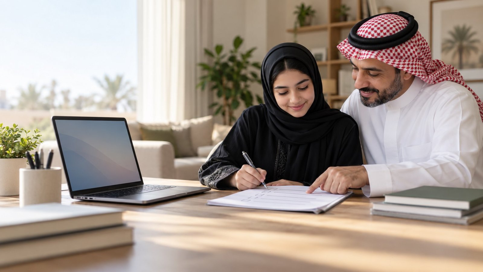 طالب وولي أمر يراجعان استحقاق دعم رسوم اختبار تعليمي عبر جهاز محمول دون شعارات