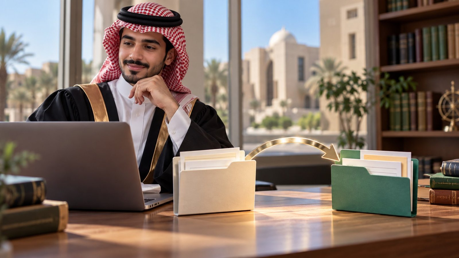 خريج سعودي أمام حاسوب مع ملفات تعليمية مترابطة ترمز لانتقال النتيجة دون واجهة رسمية