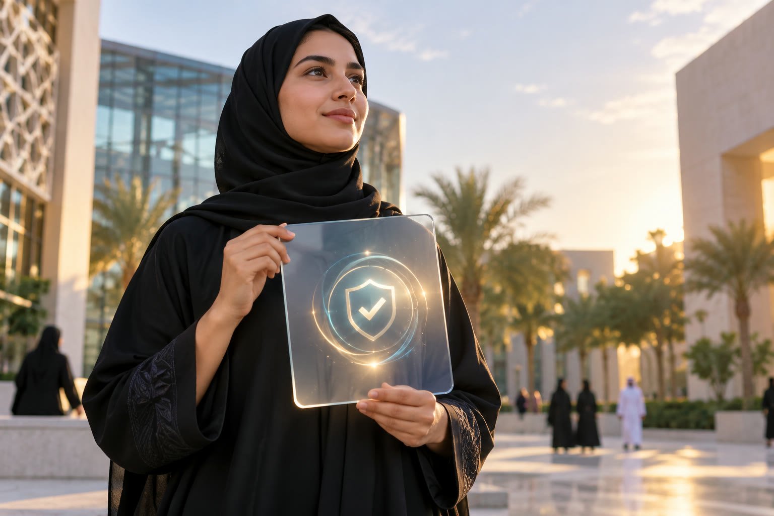 طالبة تحمل تمثيلًا لشهادة إلكترونية مع علامة تحقق رقمية