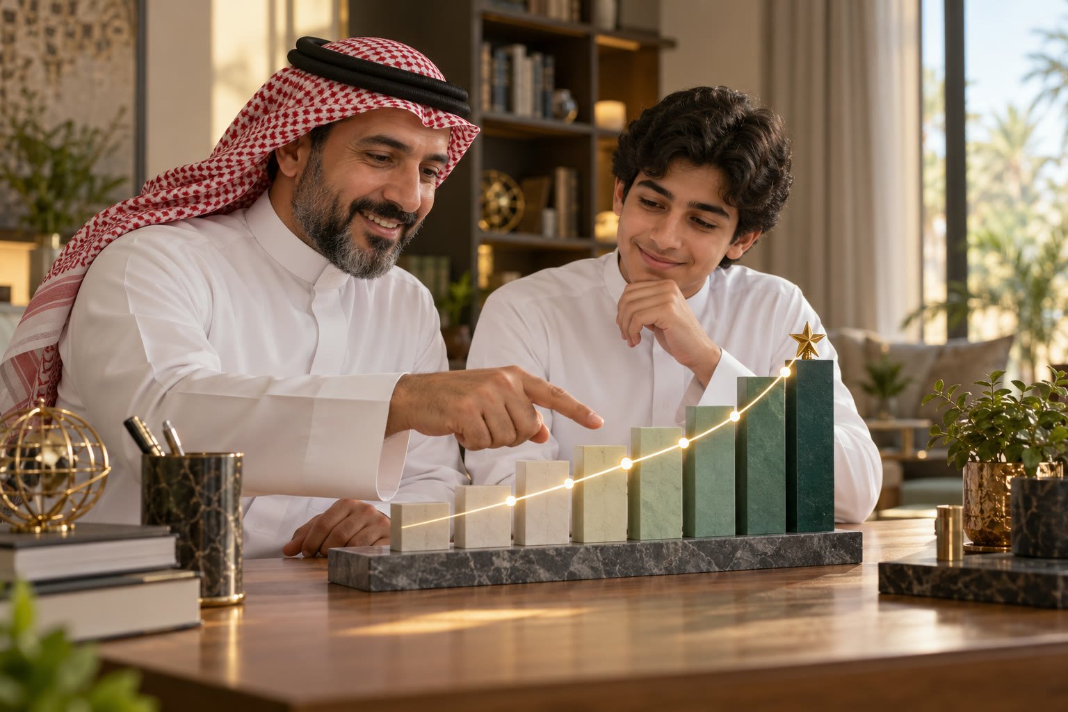 ولي أمر سعودي يراجع شهادة ابنه الإلكترونية للسنة الحالية