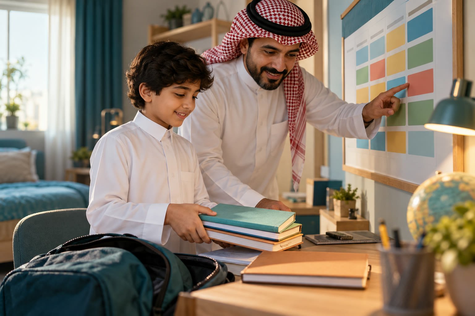 طالب سعودي وولي أمر يراجعان ترتيب حصص الأسبوع باستخدام بطاقات زمنية مجردة