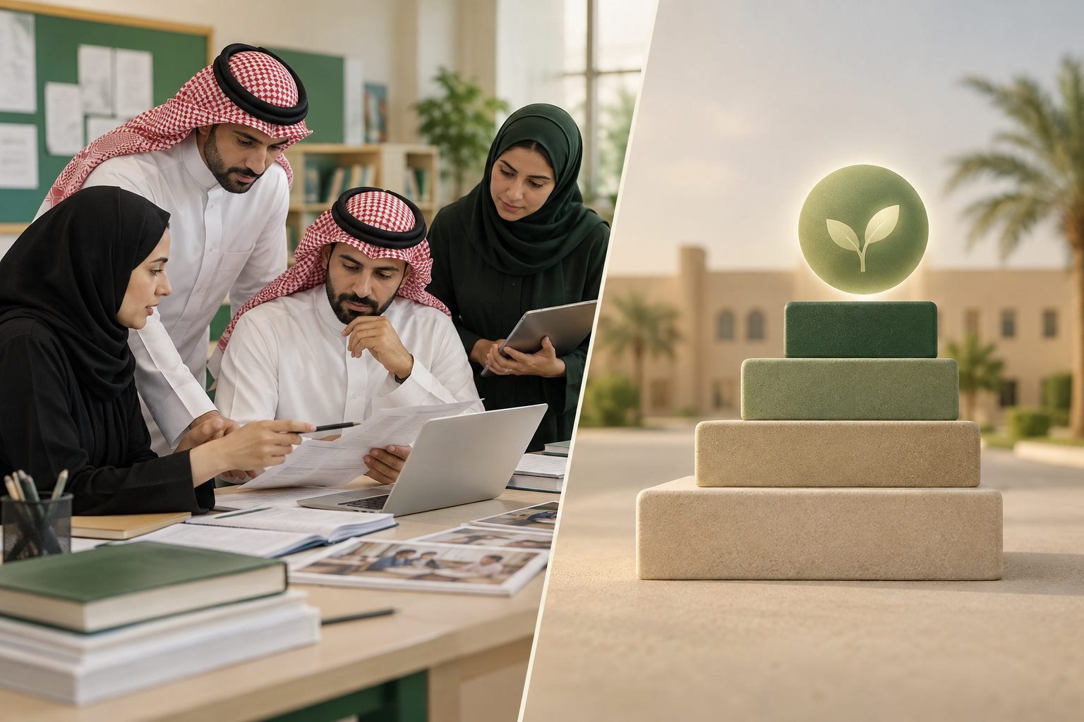 مشهد مقارن بين عملية تقويم مدرسة ونتيجة تصنيف مدرسية رمزية