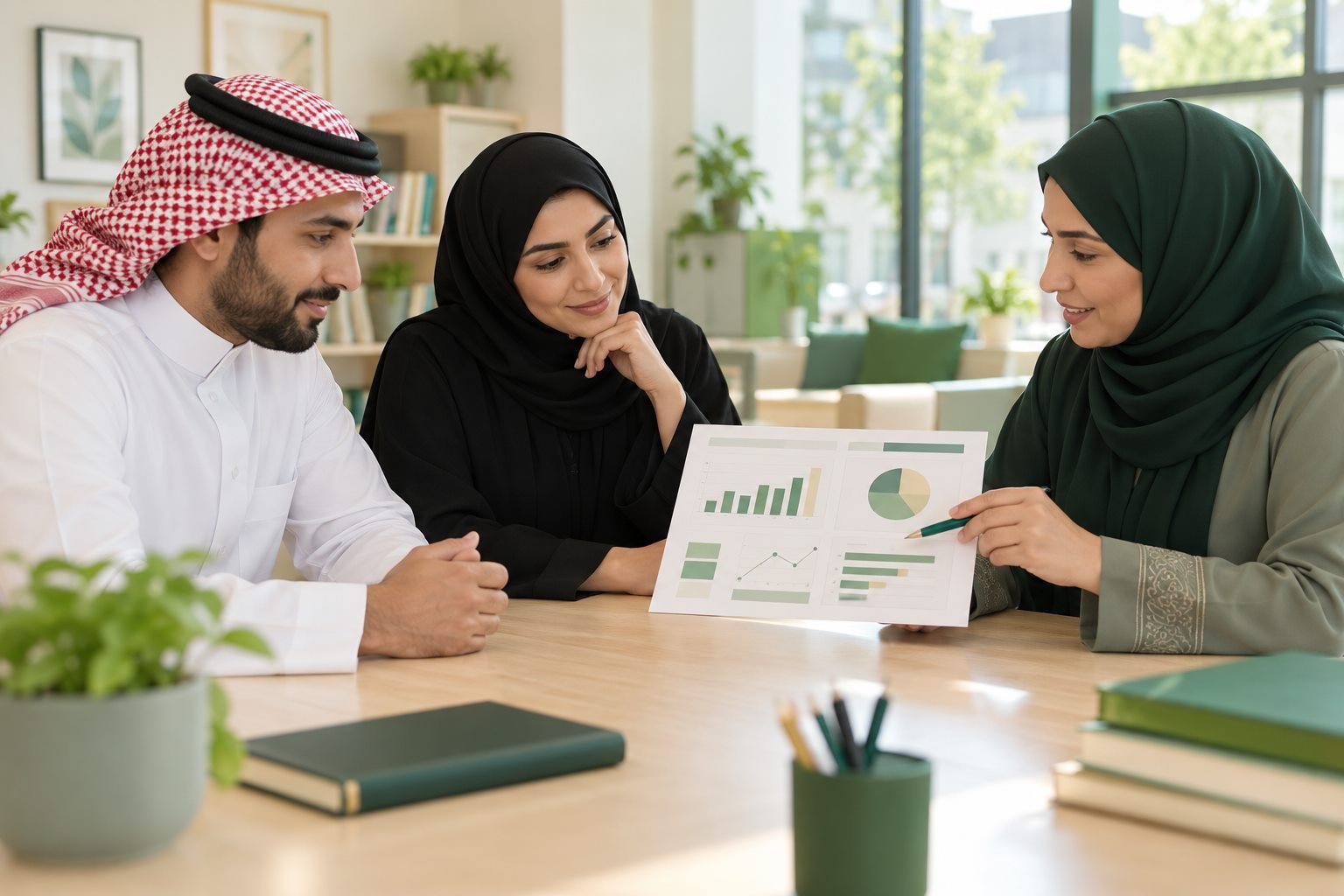 ولي أمر سعودي يراجع بطاقة أداء تعليمية رمزية مع مؤشرات واضحة بلا شعارات